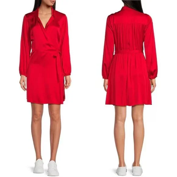 NWT Cloth & Stone Satin Collared V-Neck Wrap Front Mini Dress in Goji Berry
